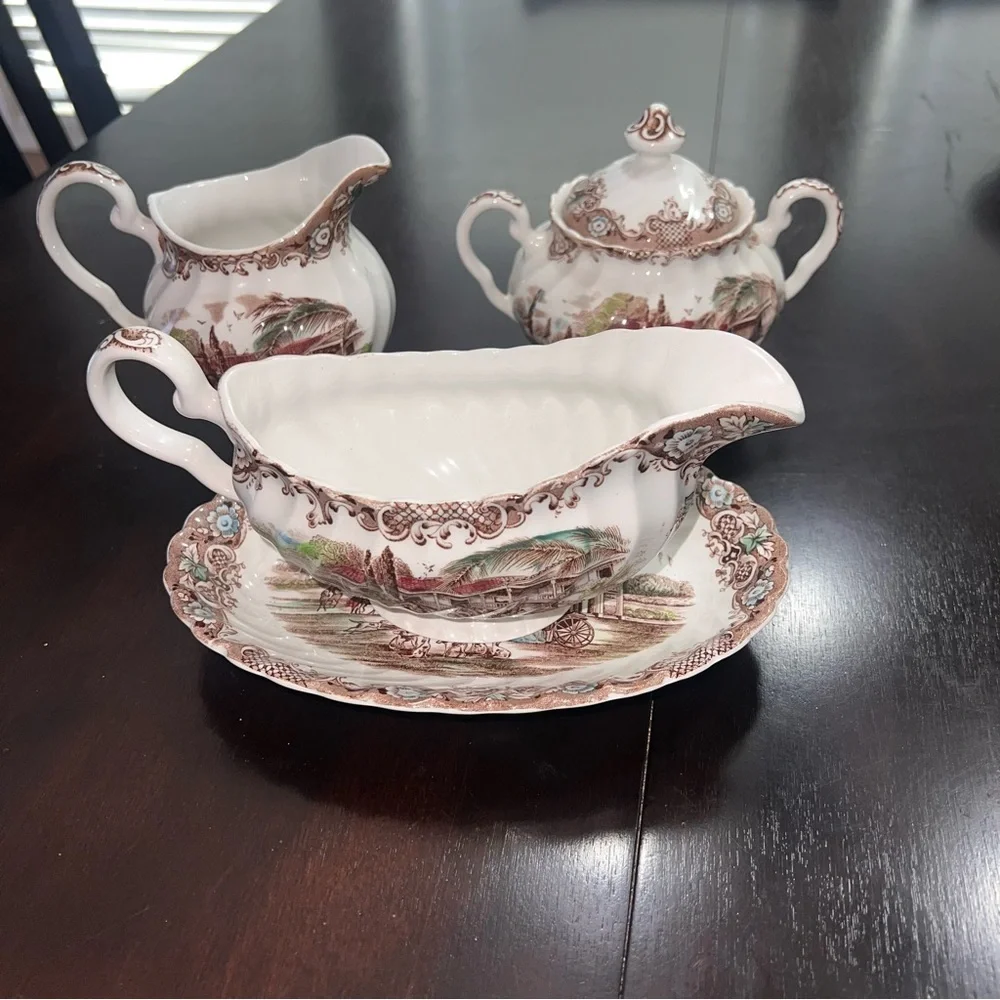 Johnson Brothers Heritage Hall Gravy Boat & Under Plate, Sugar And Cream Bowl